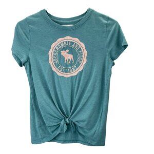 Abercrombie Kids T Shirt 13 14 Teal Turquoise Sequin Moose Tie Front Spellout
